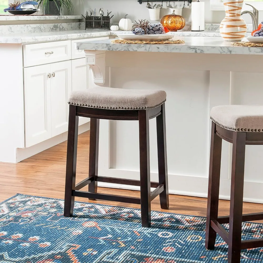 Linon Linen Backless Claridge Stool, Counter Height, Beige & Dark Walnut