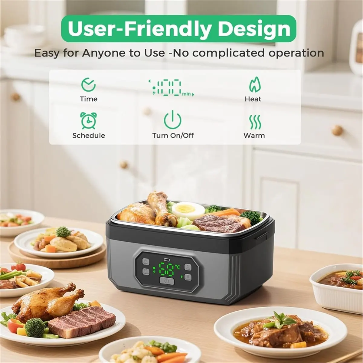 618 Mega Sale 1200ML Portable Rechargeable Lunch Box Wireless Heating Water-Free Bento Box for Student Office Outdoor Use