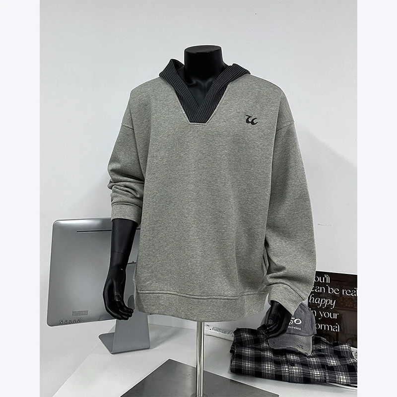 Hip Hop Men Streetwear Contrast Color Hooded Oversize Casual Hoodie American Retro Style V-neck Pullover Hooded