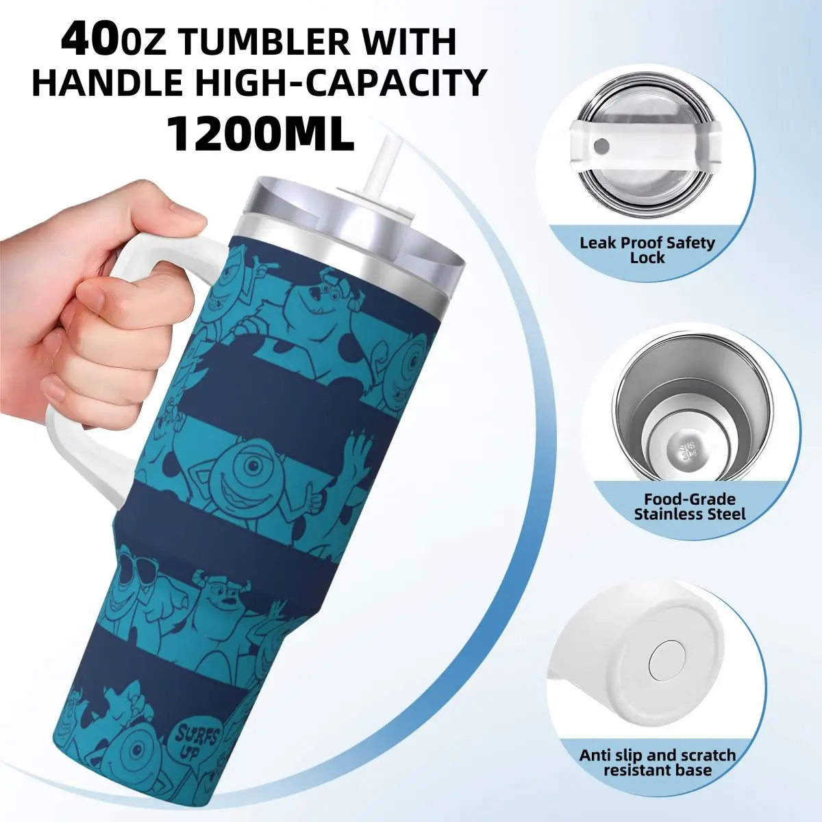 Monsters Inc Sullivan Stainless Steel Tumbler Travelist Thermal Mug With Straws and Lid 40oz Mugs Cup Cold and Hot Water Bottle