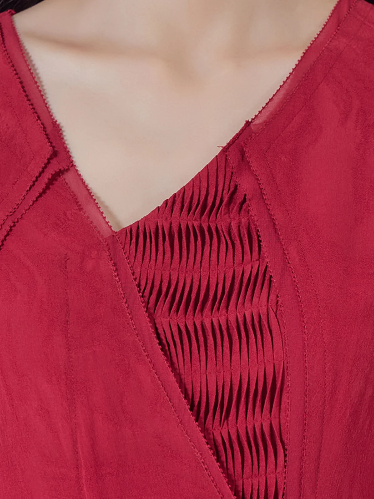 VOA 100% moerbeizijde Georgette jacquard Ankara rode off-shoulder jurk met lange mouwen en kralenAE2762