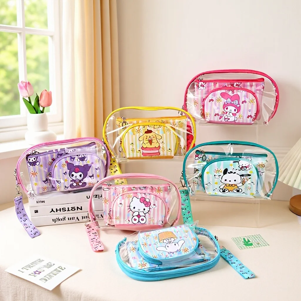 Borsa per il trucco Kawaii Hello Kitty Cartoon Versatile Pu Set da tre pezzi Palmare portatile Accessori da donna Commercio all'ingrosso di stoccaggio da viaggio