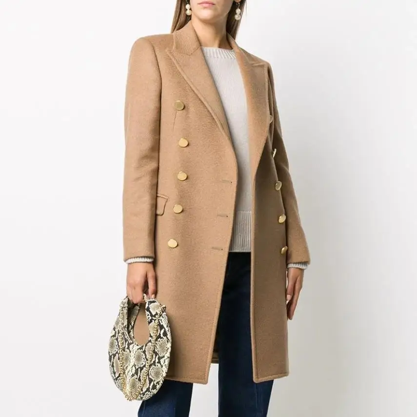 Herfst winter elegante wollen jas met dubbele rij knopen dames slanke ol lange overjas kantoordame