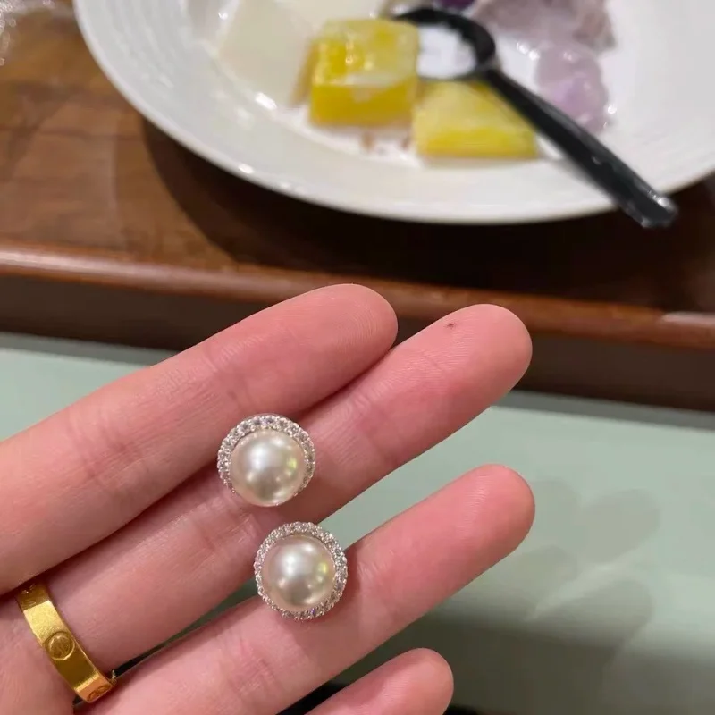 Senlissi- Elegant Women Freshwater Pearl Stud Earrings S925 Silver 8~9MM Zircon Surrounded Pearl Jewelry Birthday Gift