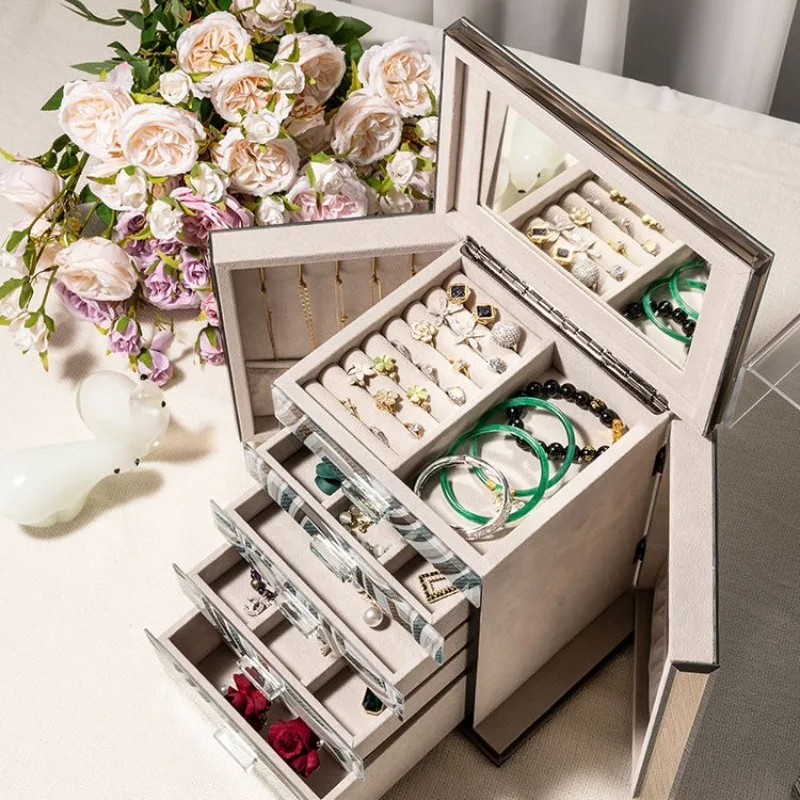 

Glass Jewelry Cases Large Jewellery Boxes with Mirror Aesthetic Necklace Bracelet Storage Box Lady Earring Ring Organizer Cases