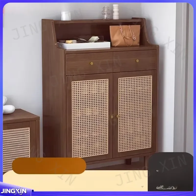 Custom for Nordic Solid Wood Rattan Shoe Cabinet Entryway Storage Organizer Multi Layer Large Capacity Home Door Furniture