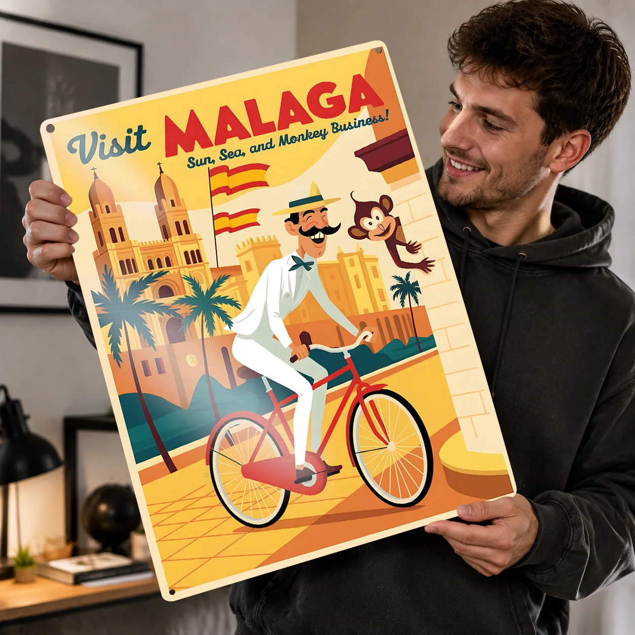 Visit Malaga Travel Personalized 3D Textured Metal Poster Wall Art Vintage Tin Signs for Living Room Decoration Interior House