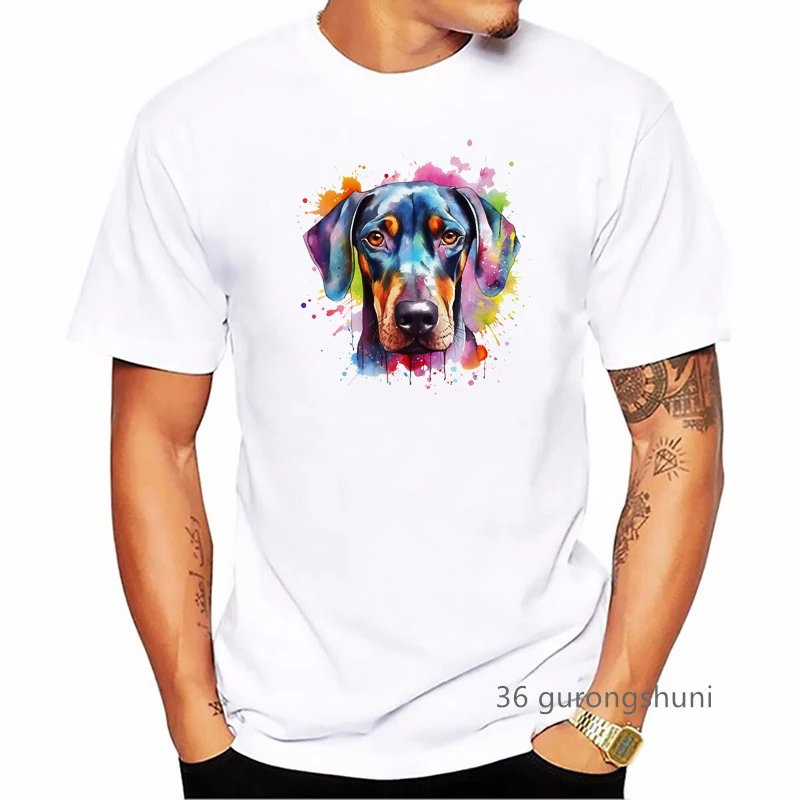 Watercolor Doberman Dog Animal Print T Shirt Men'S Clothing Funny White Tshirt Homme Summer Tops Tee Shirt Harajuku Shirt