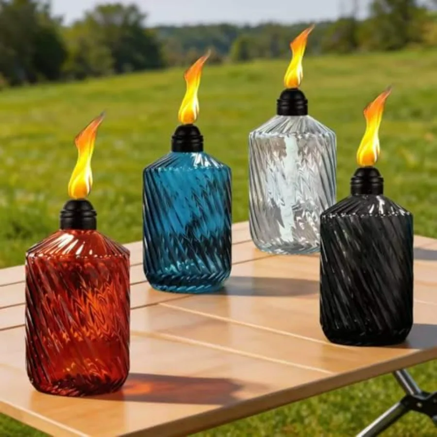 

4 Pack Glass Table top Torches, 14 oz Citronella Torches for Outside Burn Time: 10 Hours with Wicks and Covers, Decorative Outd
