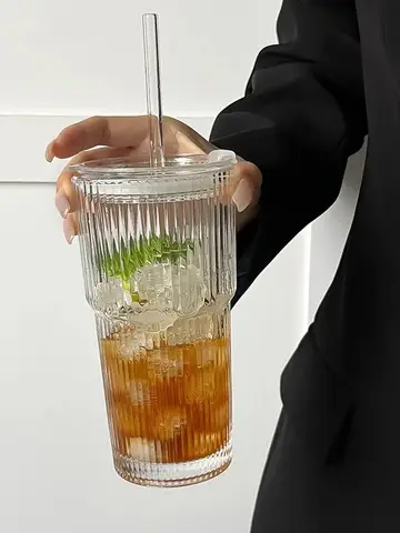600ML Stripe Glass Coffee Cup With Lid and Without Cover Straw Transparent Drinking Glasses for Juice Iced Coffee Mugs Drinkware