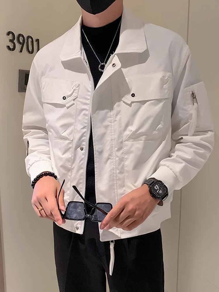 

White Workwear Jaet Men's Spring Autumn Sle irt Trendy Collarl Gown Pilot Jaet Zipper Closure Stand Fit Youth P...
