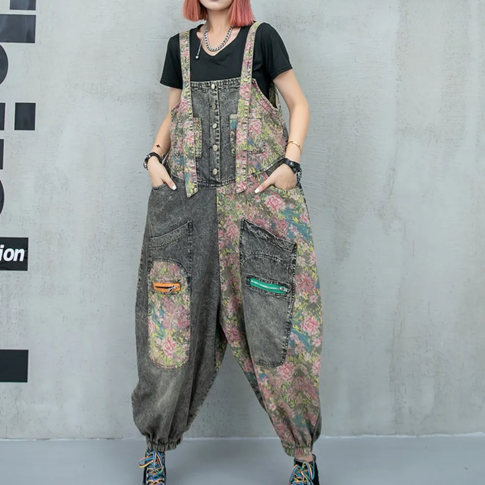 

Worn Floral Patchwork Denim Jumpsuit Women 2024 Spring Summer Loose Fitting High Waisted Wide Leg Jumpsuit LX843