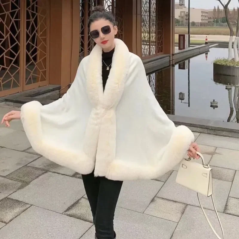 Plus Size Loose Warm Cape Knitt Cardigan Shawl Coat Autumn Winter New Imitation Rex Rabbit Fur Collar Shawl Women's Outwear