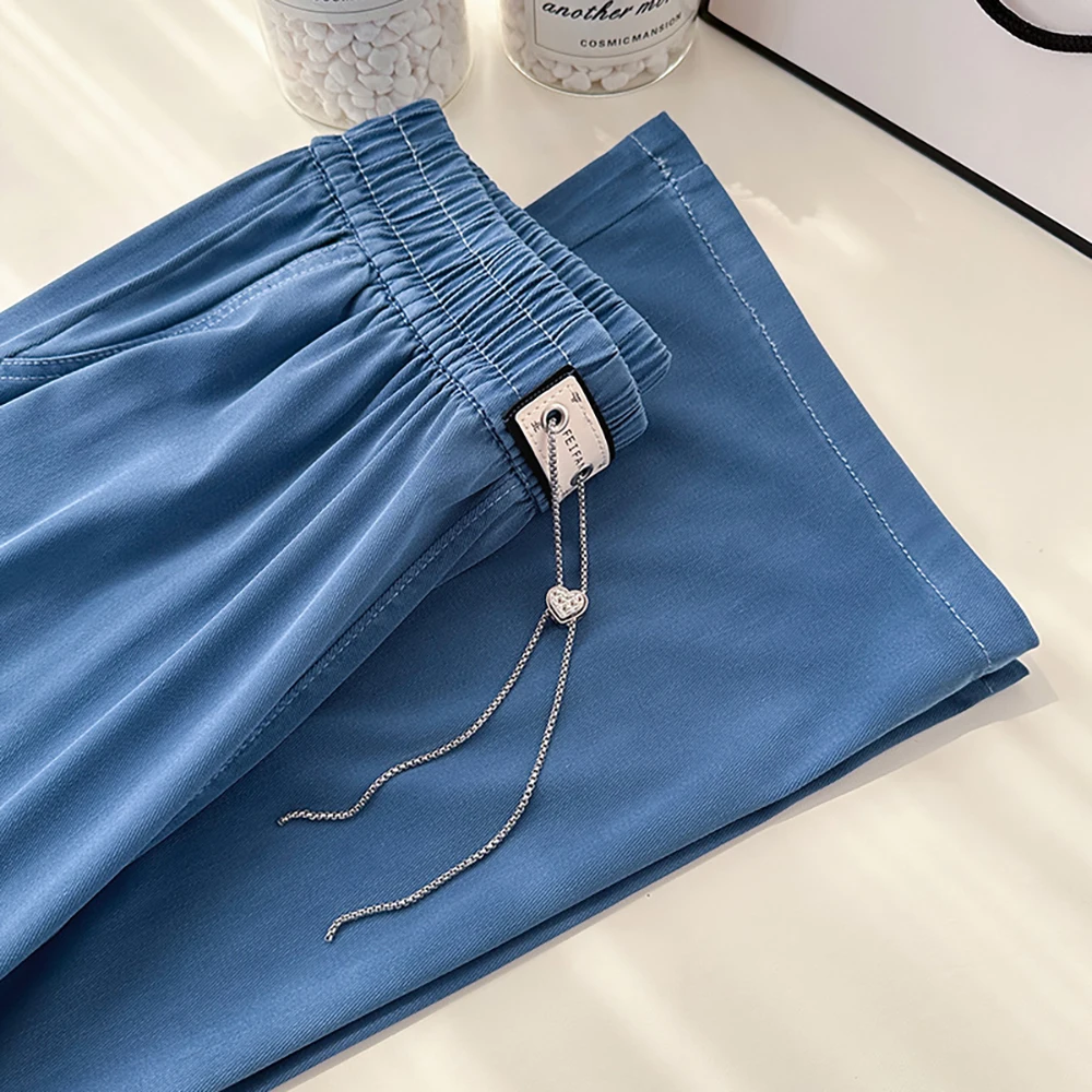Pantalon en Denim fin et ample pour femmes, décontracté, chaînes de mode d'été, cordon de serrage, taille élastique, pantalon droit en soie glacée, jambes larges