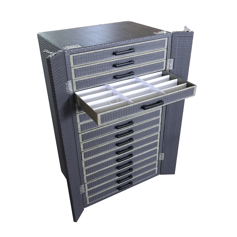 Custom.288 فتحات سعر المصنع معرض عرض خزانة النظارات الشمسية مع عجلة عربة نظارات المحمولة حقيبة تخزين سوداء