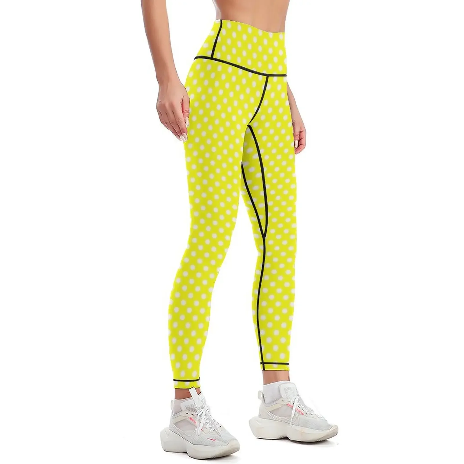 White Polka Dots on Yellow Background Leggings Tight fitting woman trousers for physical flared Womens Leggings - view 2