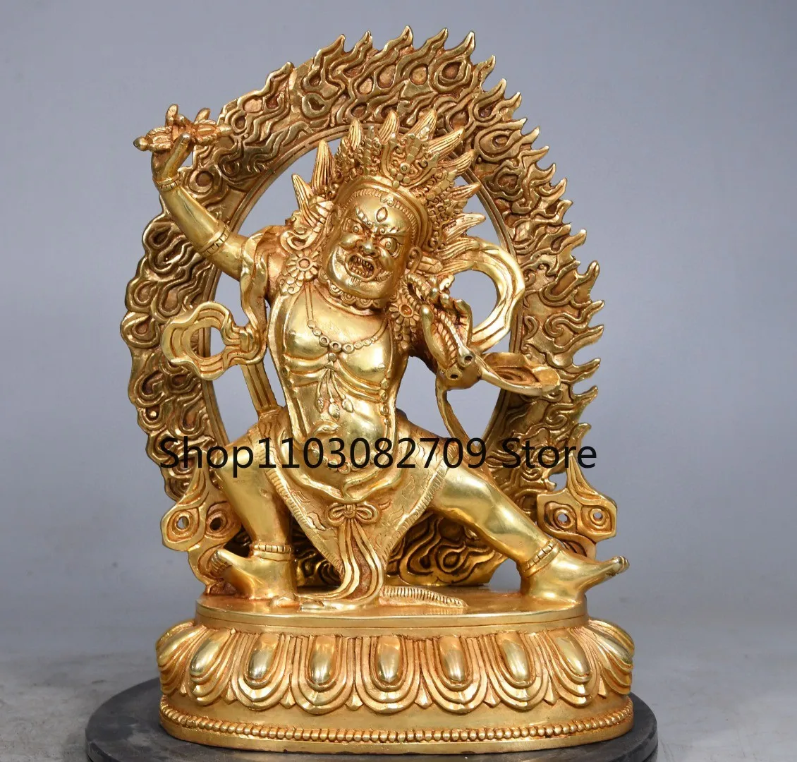 Tibetan brass gilt backlit King Kong hand God of Wealth Mahagala Home Buddhist Hall Supplies 25cm Ornament