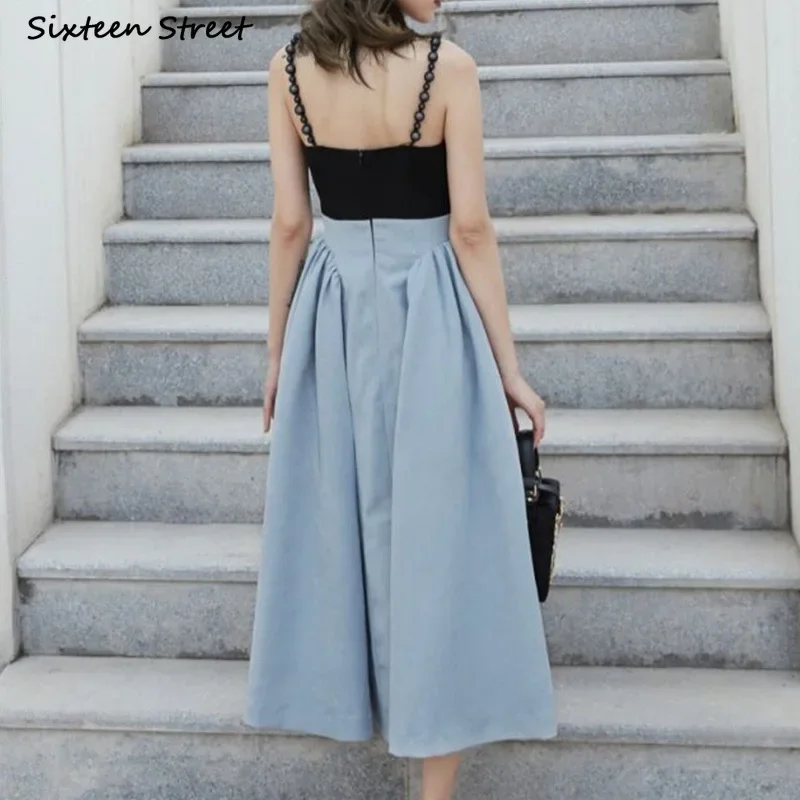 Vintage Strapped Women Dress Summer Blue Patchwork High Waisted Bodycon Dress Beading Ball Elegant Clothing Fall
