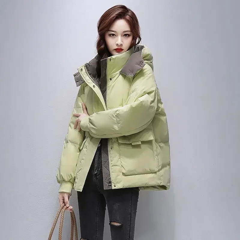 High-end Chic Puffer Jacket Winter Clothing Women Coat Streetwear Warm Parkas Long Sleeve Zipper Hooded Coat Pockets Outerwear