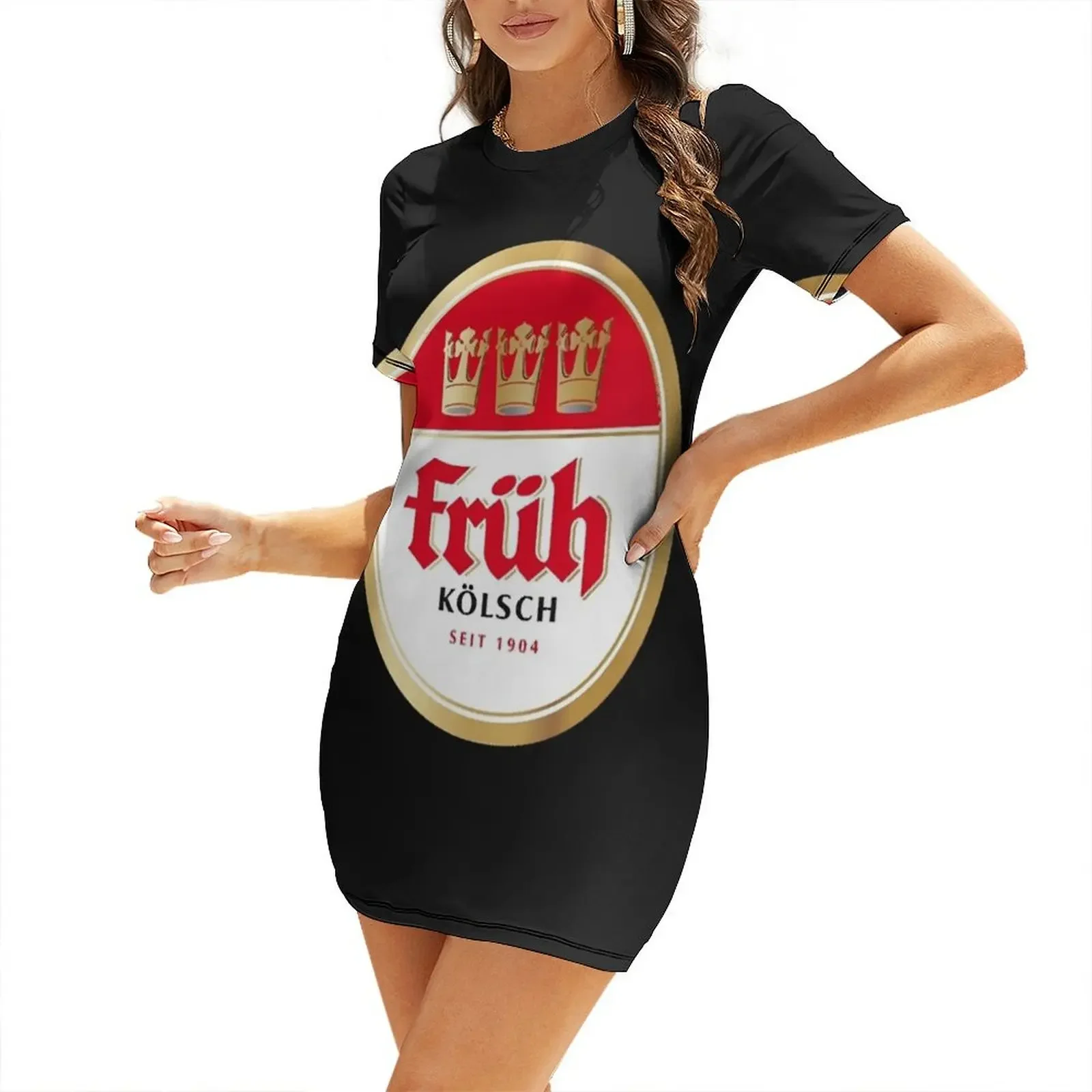 Vestido de manga corta con logo de la cerveza Fruh Kolsch, cerveza local, vestidos cortos sexys, ropa de playa atrevida