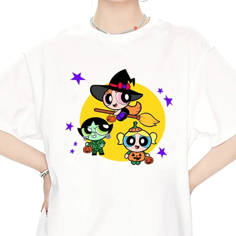 Cartoon The P-Powerpuff Girls T Shirt Men Couple Combination Clothes Short Sleeve Collar Fashion Women Cotton