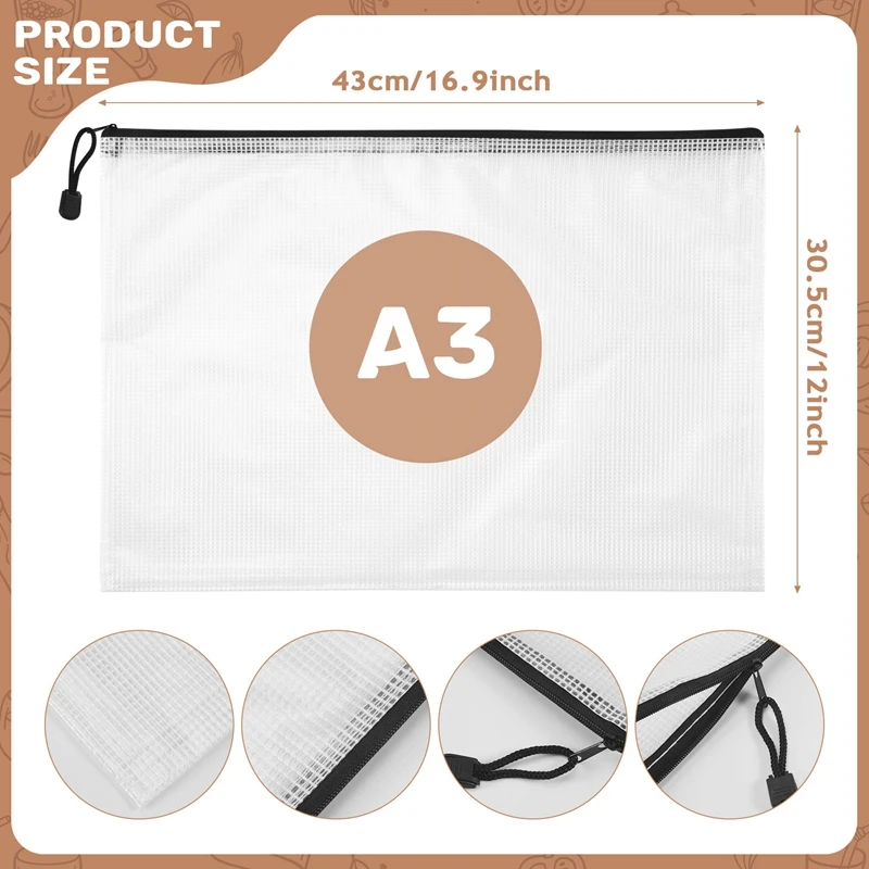 Hot-A39R-12PCS A3 Folder, Information Zipper Bag Plastic Wallet Mesh File Bag Zipper Bag Zipper Wallet