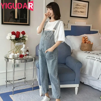 임산부 데님 스트랩 청바지 바지 멜빵 바지, 임산부 오버올 점프수트, 임신 의류 패션