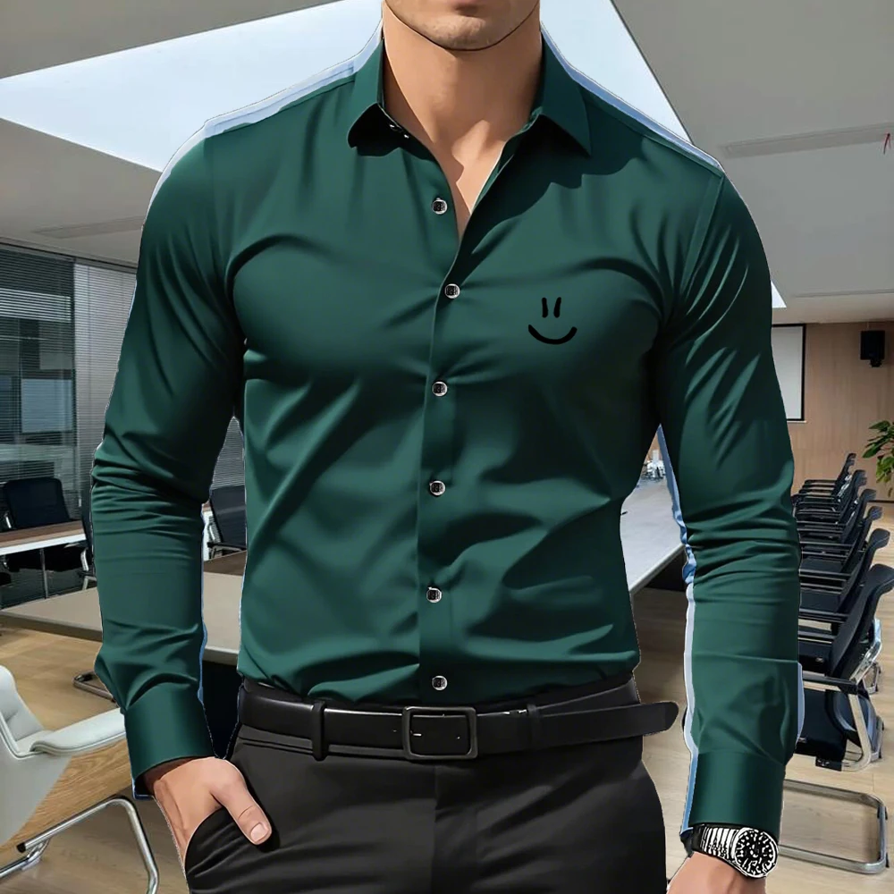 Men's Luxury Dark Green Business Casual Button-Down Shirt with Smiley Logo, Long Sleeve Blouse for Office & Daily Wear  5 Colors