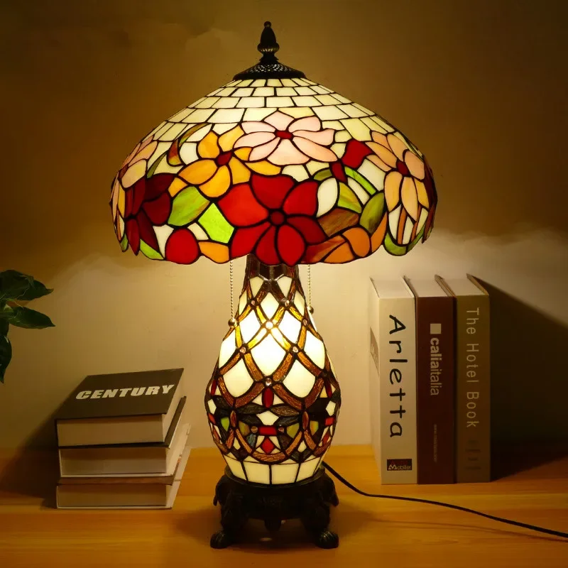 TEMOU Tiffany Table Lamp American Retro Living Room Bedroom Lamp Luxurious Villa Hotel  Stained Glass Desk Lamp