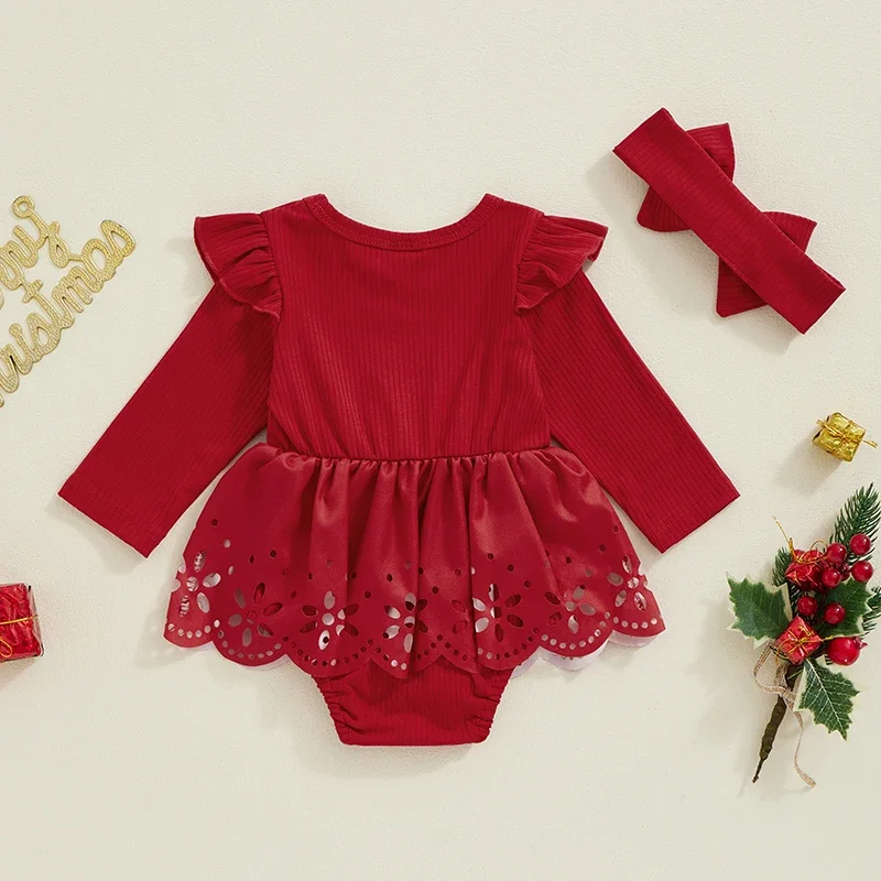 Tregren Infant Baby Girls Christmas Clothes Bodysuit Letters Print Bow Skirt New Year Gift Baby Romper Dress with Headwear