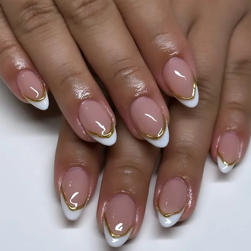 

24Pcs Chic Nude Almond False Nails Featuring Gold Accents and French White Tips Minimalist and Reusable Design for Everyday Wear