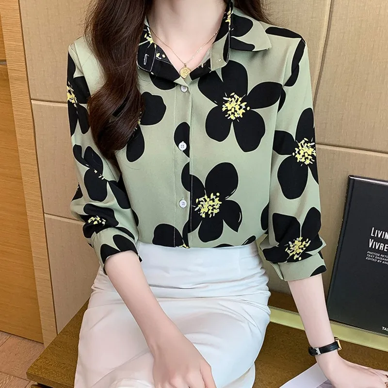 

Office Lady Elegant Work Shirt New 2024 Spring Korean Style Floral Pattern Basics Tops Women Long Sleeve Casual Shirts W1485