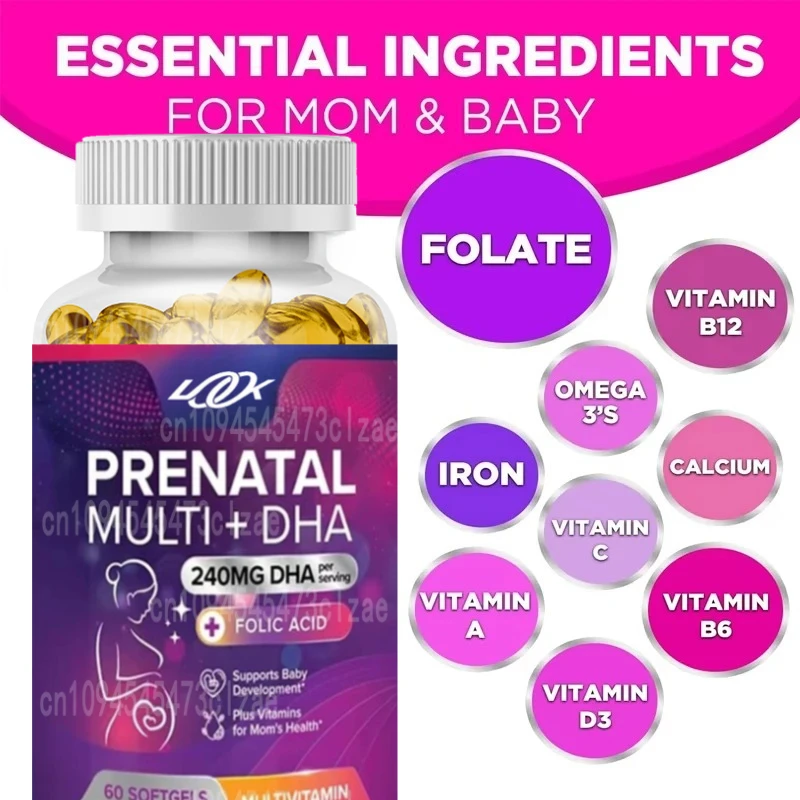 Female Prenatal Multivitamin Containing Folic Acid, Omega 3, Vitamin D3, B6, B12, and Iron DHA, Non GMO-60 Soft Capsules