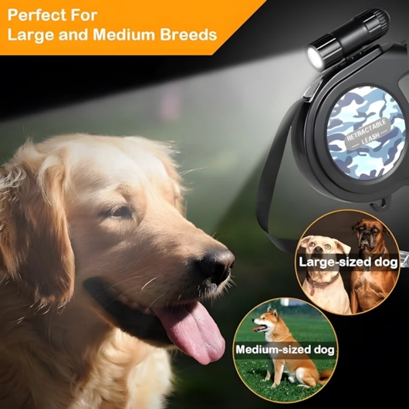 Automatic Dog Retractable Leash with LED Light Extendable Large Pet Lead Strong Pets Traction Rope for Big Dogs Outdoor Walking