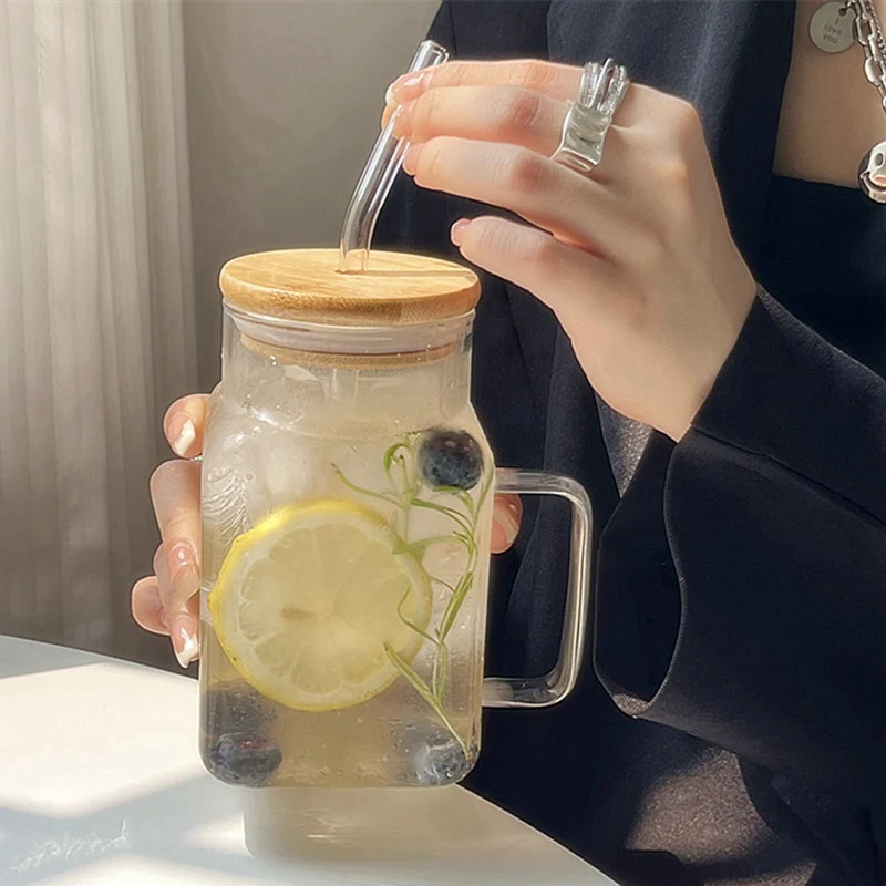 600ml Glass Cup With Lid and Handle Transparent Bubble Tea Cup Juice Glass Beer Can Milk Mocha Cups Breakfast Mug Drinkware