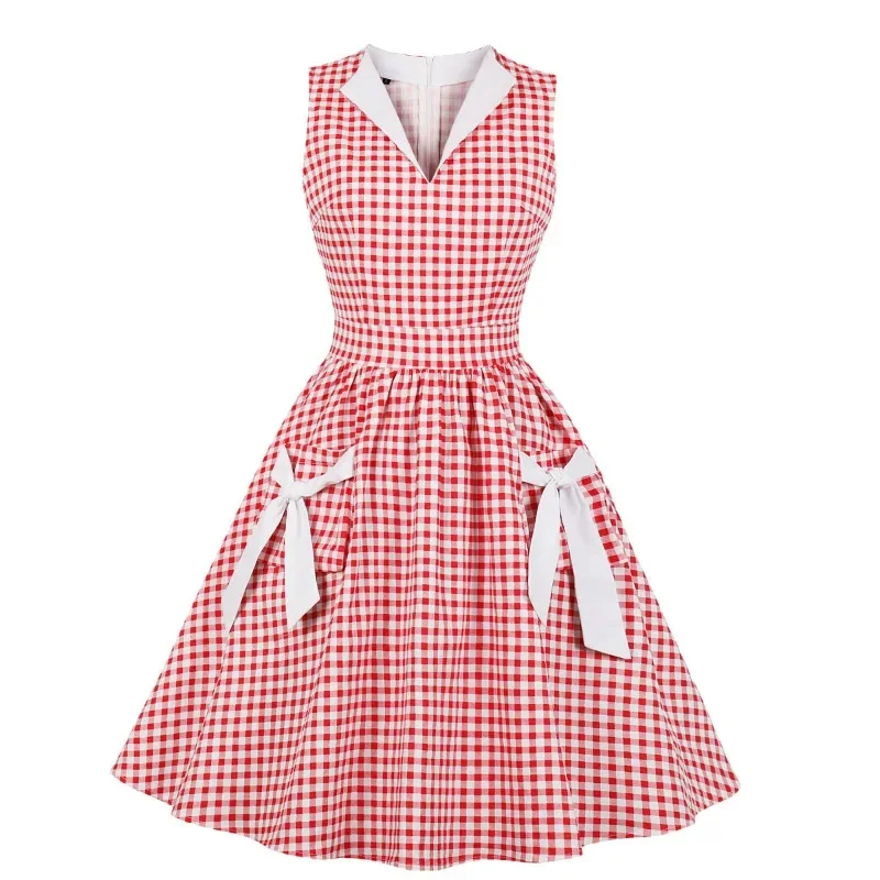 2024 New Casual Vintage Plaid Dress Women Print Bow Pockets Pin Up Vestidos Summer A-Line Cotton Party Dresses Women's Clothing