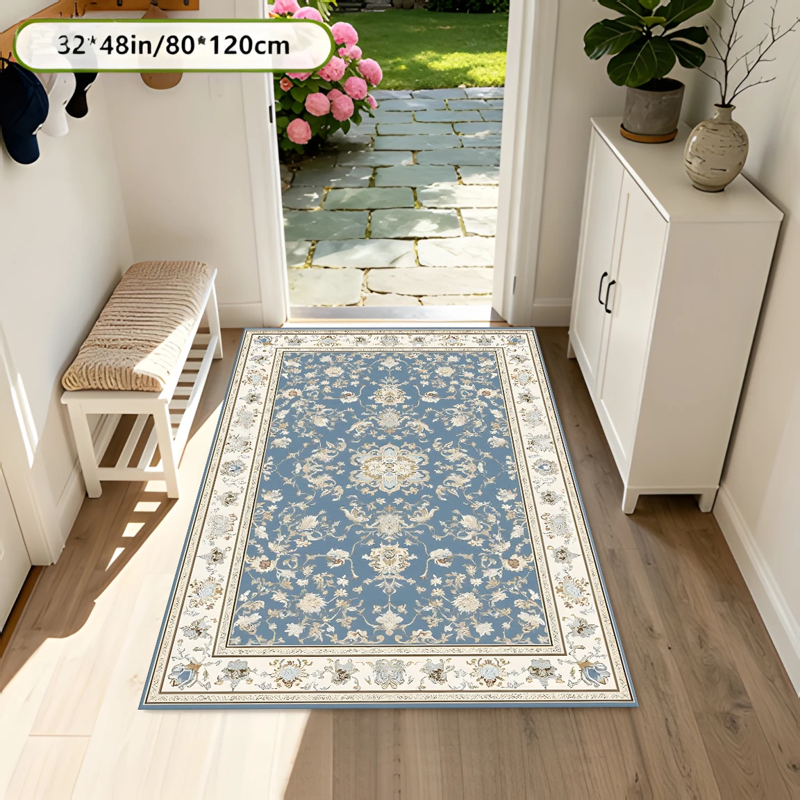2D Carpet with Blue European Retro Floral Cluster Pattern in Light Luxury Retro Style for Living Room and Bedroom