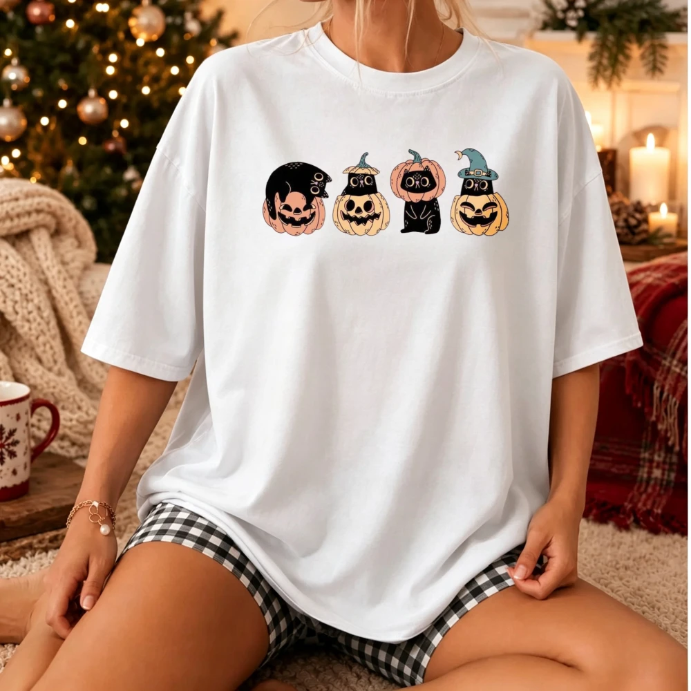 Halloween Cotton T-Shirt Oversized Short Sleeve Cartoon Pumpkin Jack-O-Lantern Witch Hat Skull Cat Print Party Costume Tee
