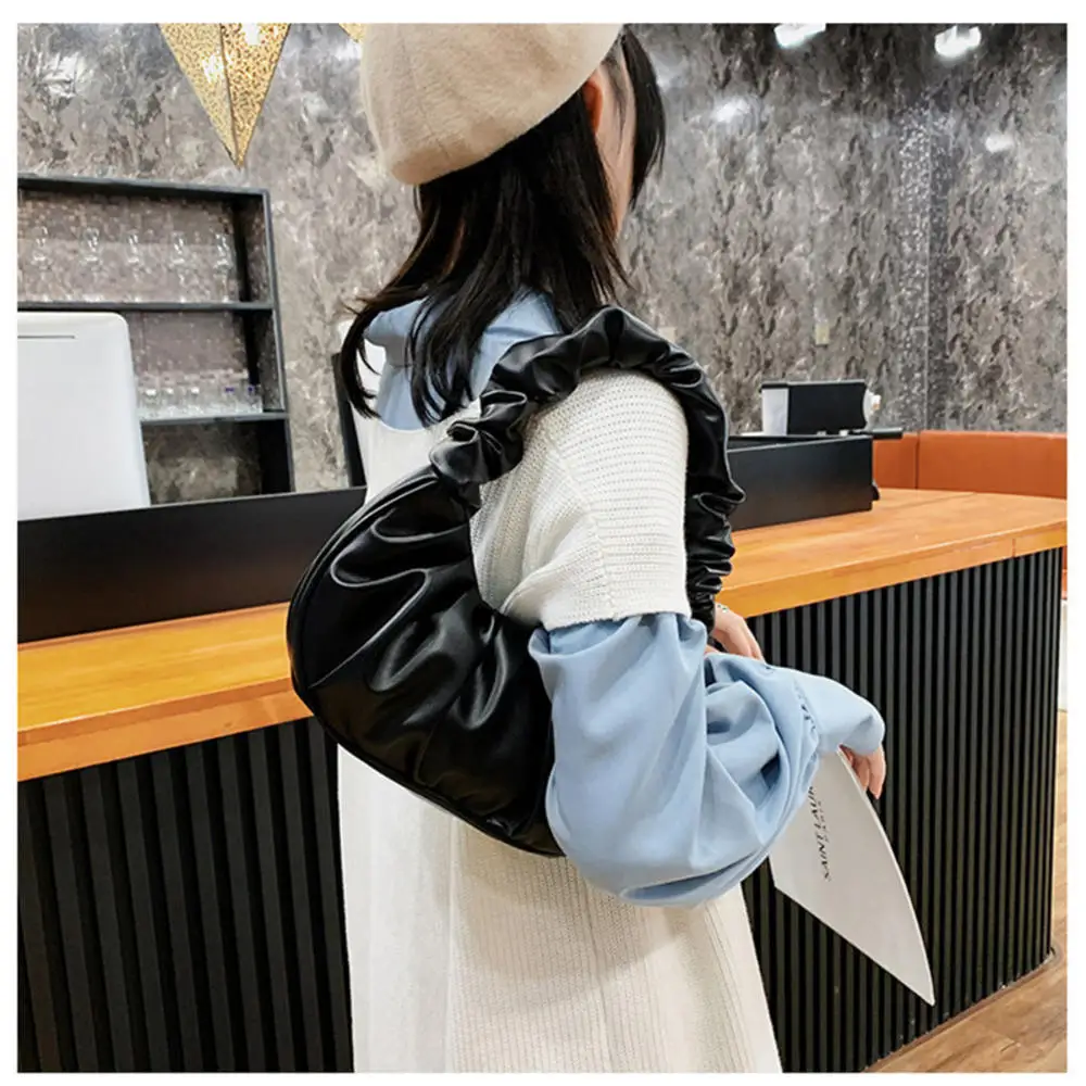 Fashion Pleated Cloud Handlebags for Women PU Leather Solid Color Shoulder Bags French Dumpling Bag Leisure Armpit Bag Handbag