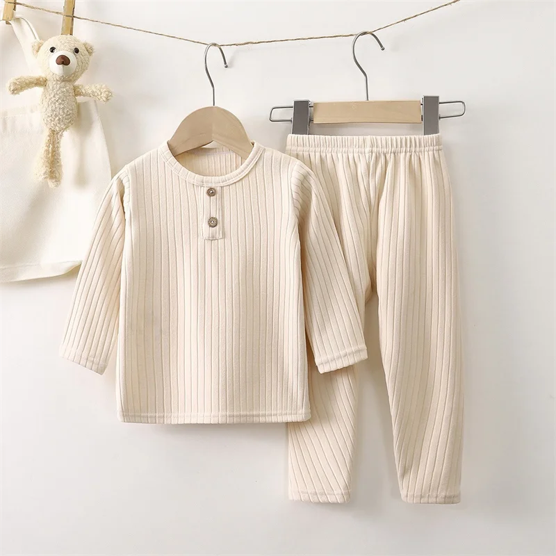 Baby Warmer Dünner Fleece-Pyjama-Set Herbst Winter Jungen Langarm Rippstrick 2-teilig Kleinkind Kinder Schlafanzug Säugling Hauskleidung – Detail 7