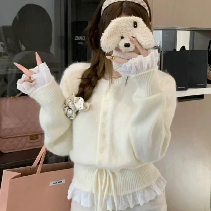 Korean Style Women's Lace Cardigan Sweet Knit Sweater Drawstring Lace Patchwork Coat Female Cute Y2k Fall Winter Warm Outerwear