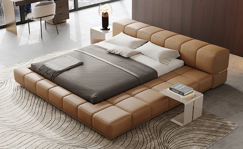 Italian light luxury leather bed villa master bedroom widened