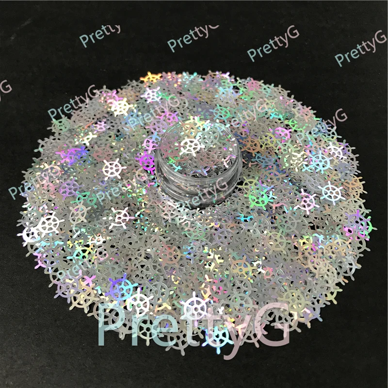 PrettyG Wholesale 10mm Boat Rudder Helm Glitter Shape Holographic Glitter Sequin For Resin Art Craft Nail Decoration Accessories