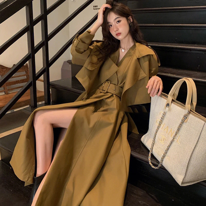 Women Trench Coat Suit Korean Long Sleeve Lapel Short Jacket + V-neck Belt Slim Vest Dress Female Vintage Windbreaker 2Piece Set