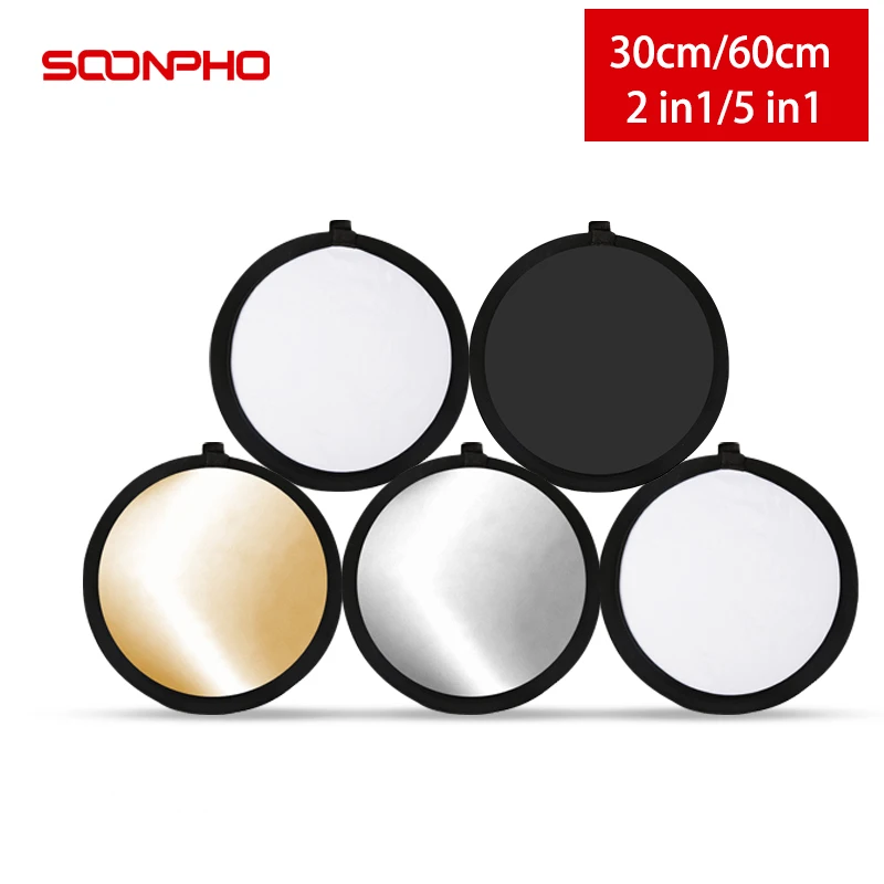 SOONPHO 30CM 60CM Reflector Photography Accessory For Photo Studio Handhold Portable 2 in1 5in1 Gold Silver Black Light Diffuser
