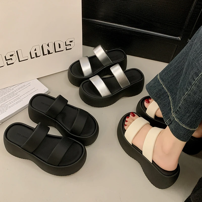 スリッパカジュアル女性の靴スライド夏下駄女性ヒールミュールプラットフォーム高級-2025-ビーチハイファッションビーチシューズスリッパ