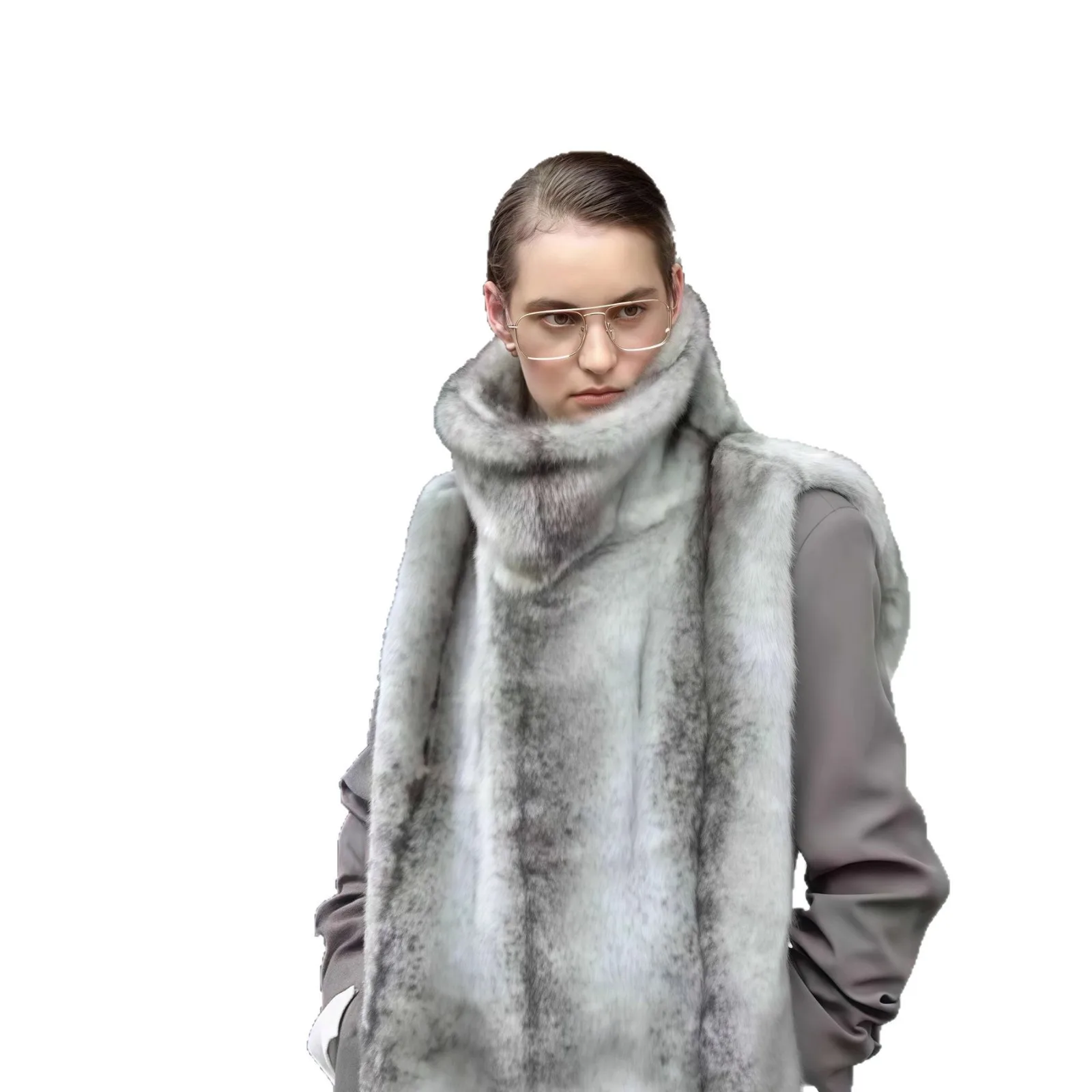 تصميم الشتاء النساء ايكو الفراء سترة فضفاضة الفضة الرمادية الدائمة طوق سيدة فرو منك سترة أفخم أكمام معطف الفرو للإناث #5