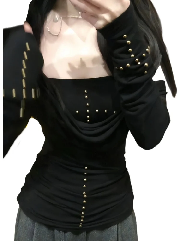 American Sle Long Sve T-irt Women's Spring Autumn Design Slim Fit Rivet Tube Top Inner Wear Layering Bla Top