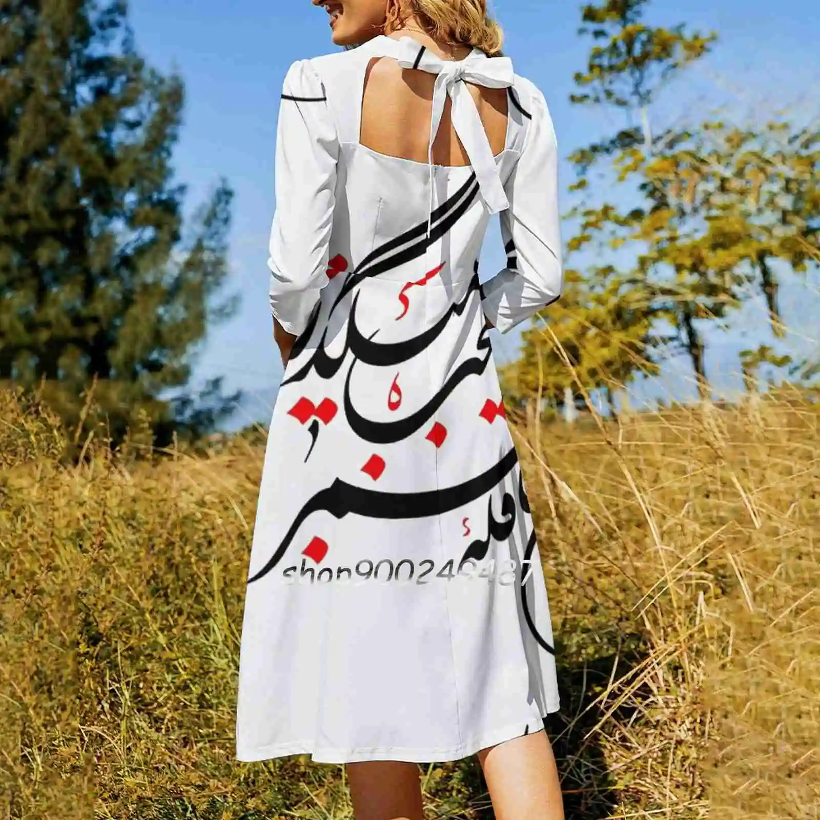 Persian Calligraphy ( Life &Amp ; Amp ; Time ) Square Neck Dress Sweet Summer Dress Women Elegant Halter Print Dress Persian