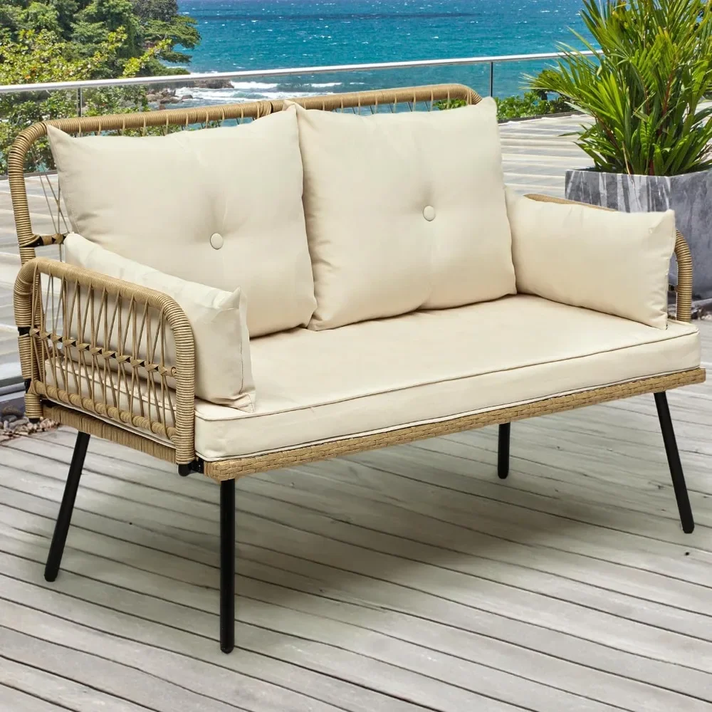 

Terrace furniture wicker outdoor double sofa, all-weather wicker dialogue in backyard, balcony, and deck, with cushions